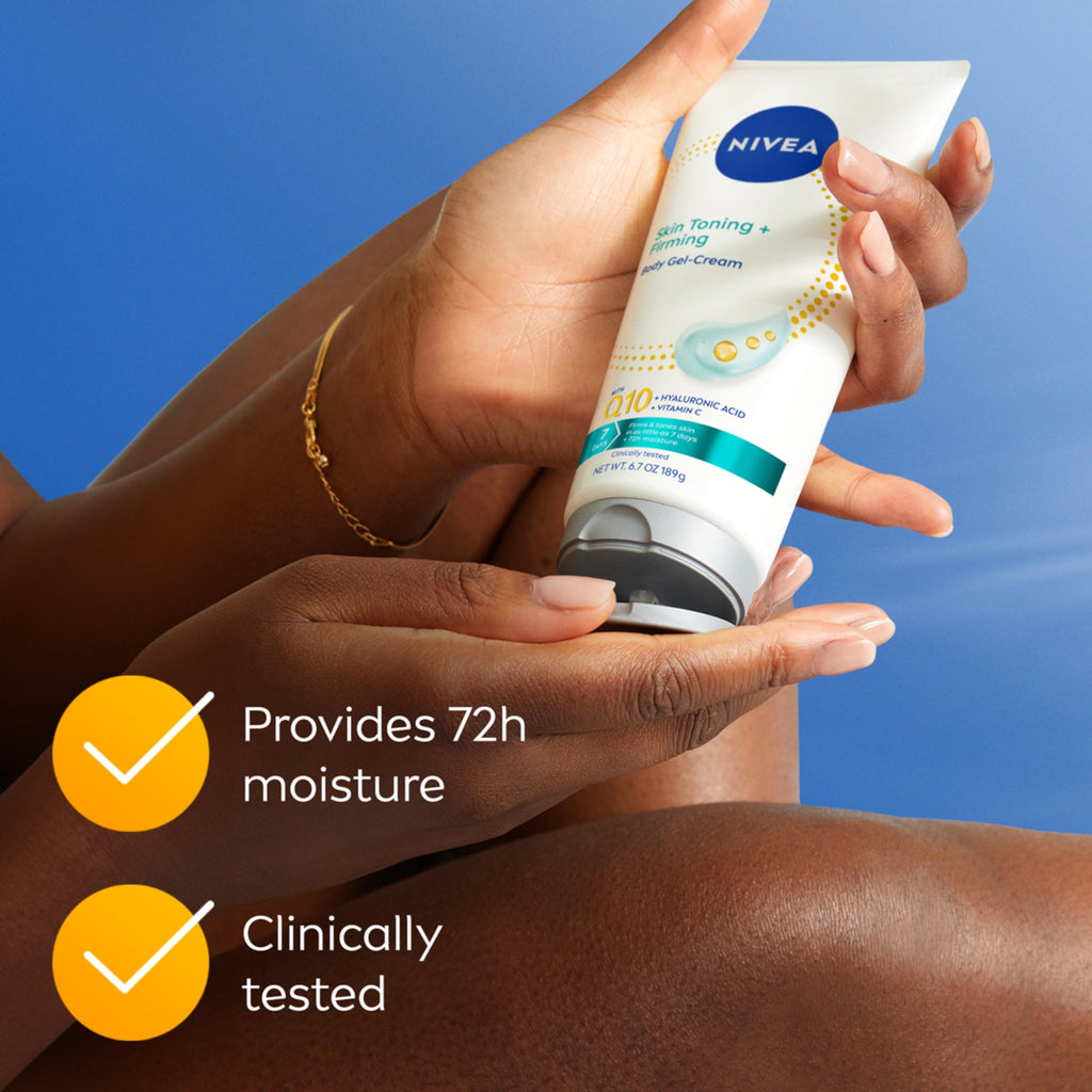 NIVEA Skin Firming & Toning Body Gel Cream with Q10, Hyaluronic Acid and Vitamin C, Clinically Tested Skin Firming & Toning Cream, 72-Hour Moisture, 6.7 Oz Tube
