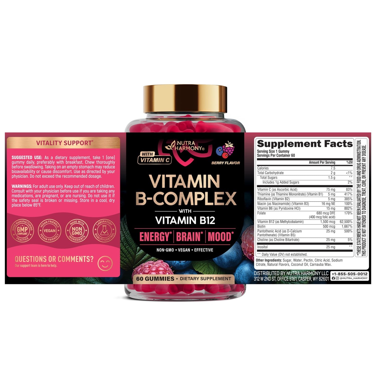 Vitamin B-Complex Gummies for Women & Men - Full B Complex & B12 - 60 Gummy | Vitamin B12, B1, B2, B3, B5, B6, B7 & B9 with Vitamin C & Choline - Energy, Brain & Mood - Natural Berry Flavor, Vegan
