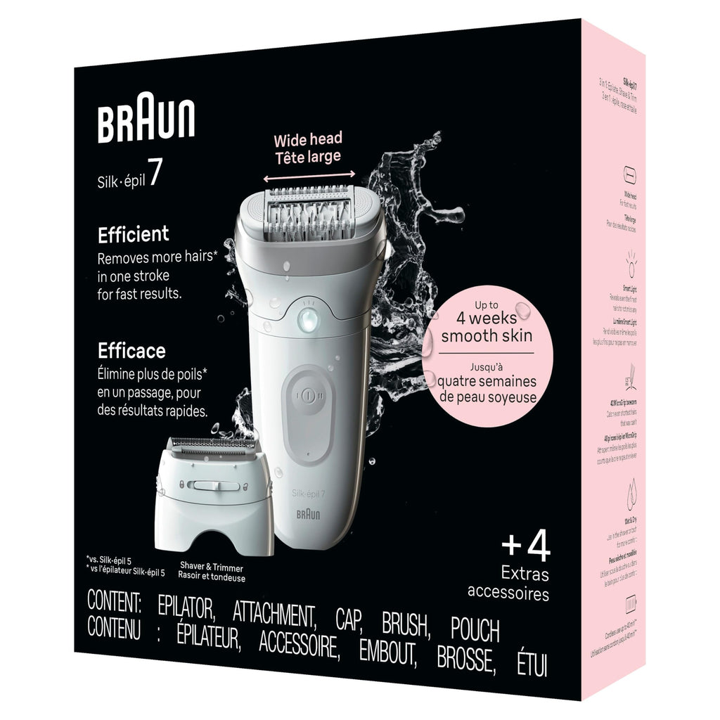 Braun Epilator Silk-épil 7, Hair Removal Device, Women Shaver & Trimmer, Wet and Dry, Wide Head, Includes Shaver Head and Trimmer Comb, SE7-041, Silver
