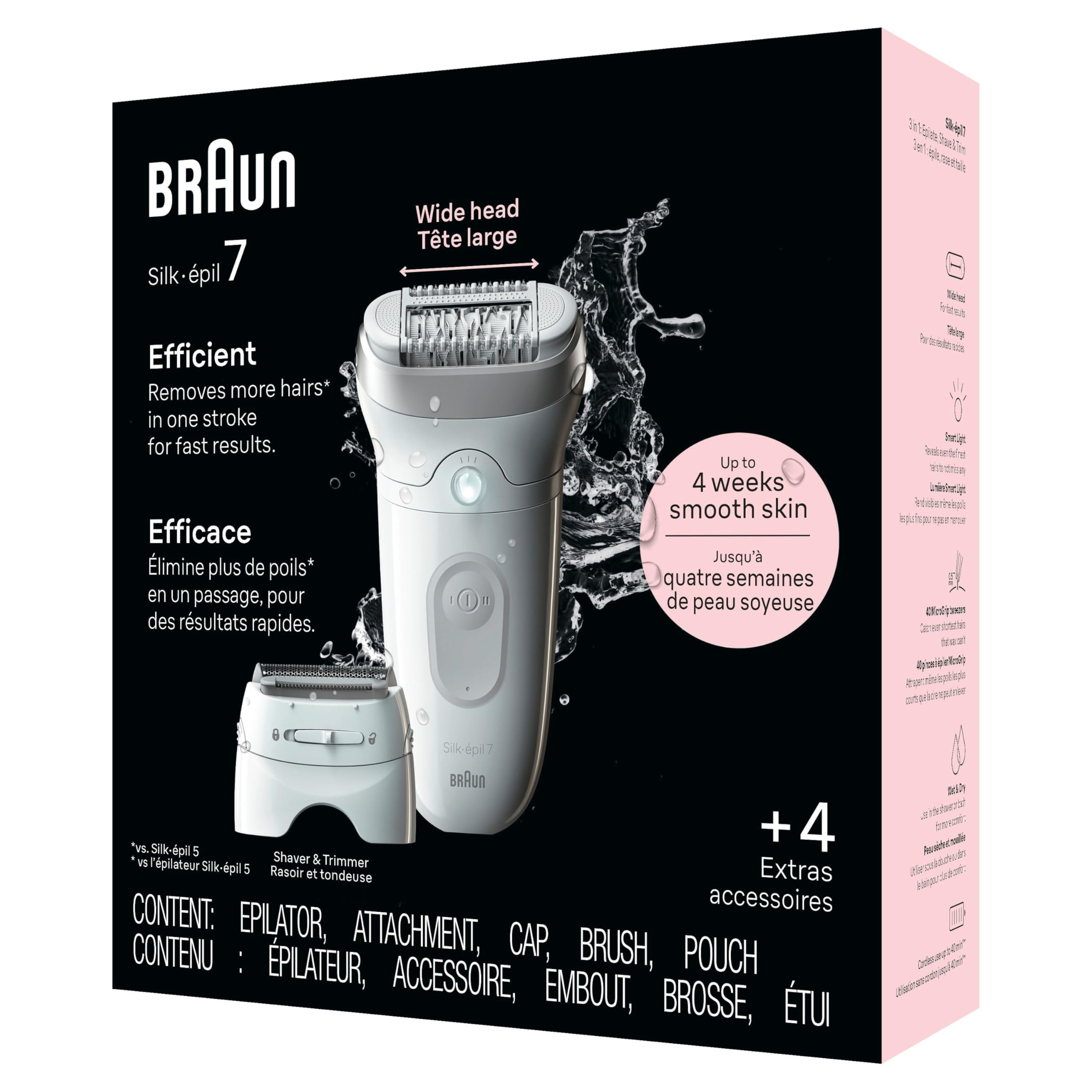 Braun Epilator Silk-épil 7, Hair Removal Device, Women Shaver & Trimmer, Wet and Dry, Wide Head, Includes Shaver Head and Trimmer Comb, SE7-041, Silver