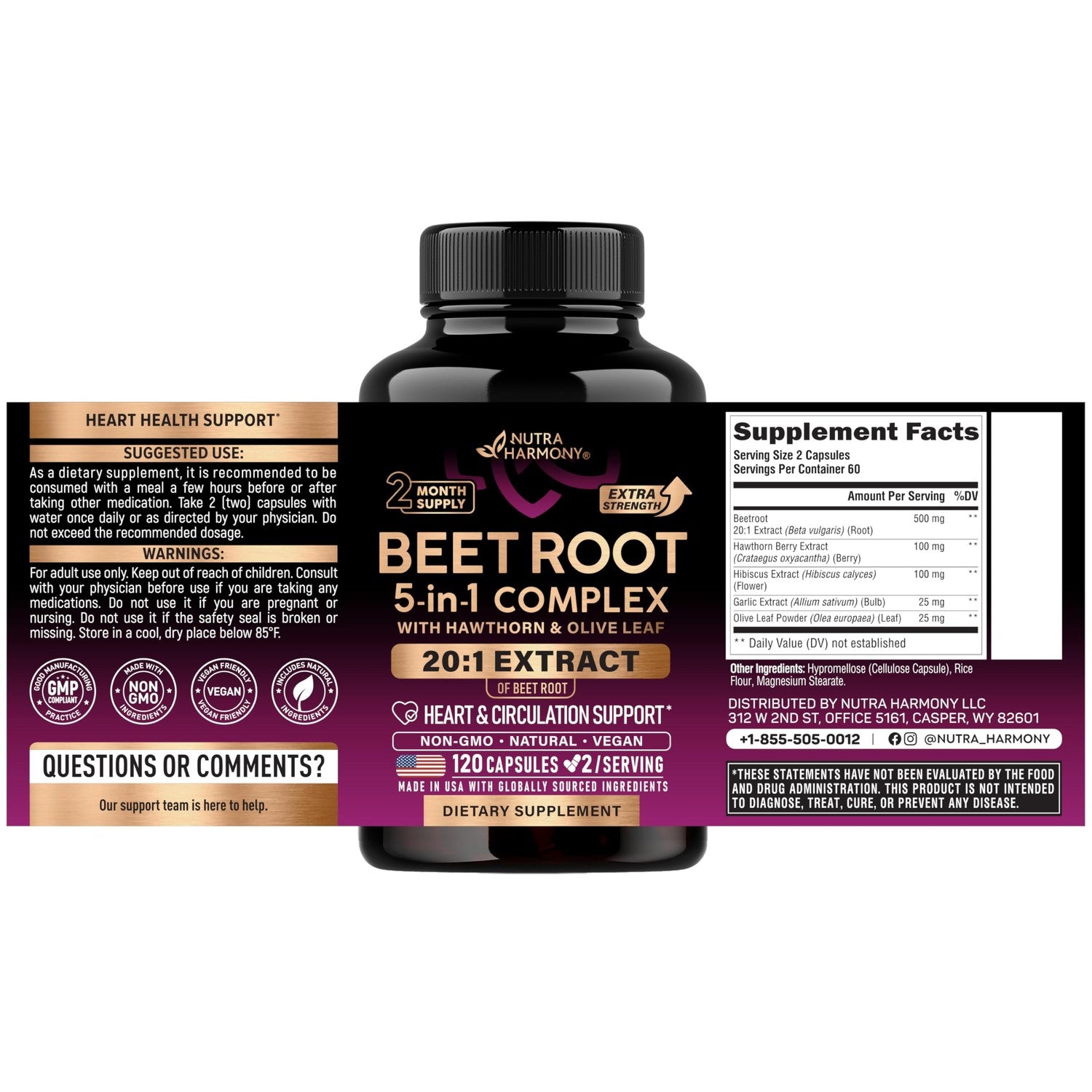 Beet Root Capsules - Healthy Blood Pressure Support Supplement** - 120 Caps | Beet Root for Heart & Circulation Support for Men & Women - with Hawthorn Berry, Hibiscus & Garlic - Nitric Oxide for Energy