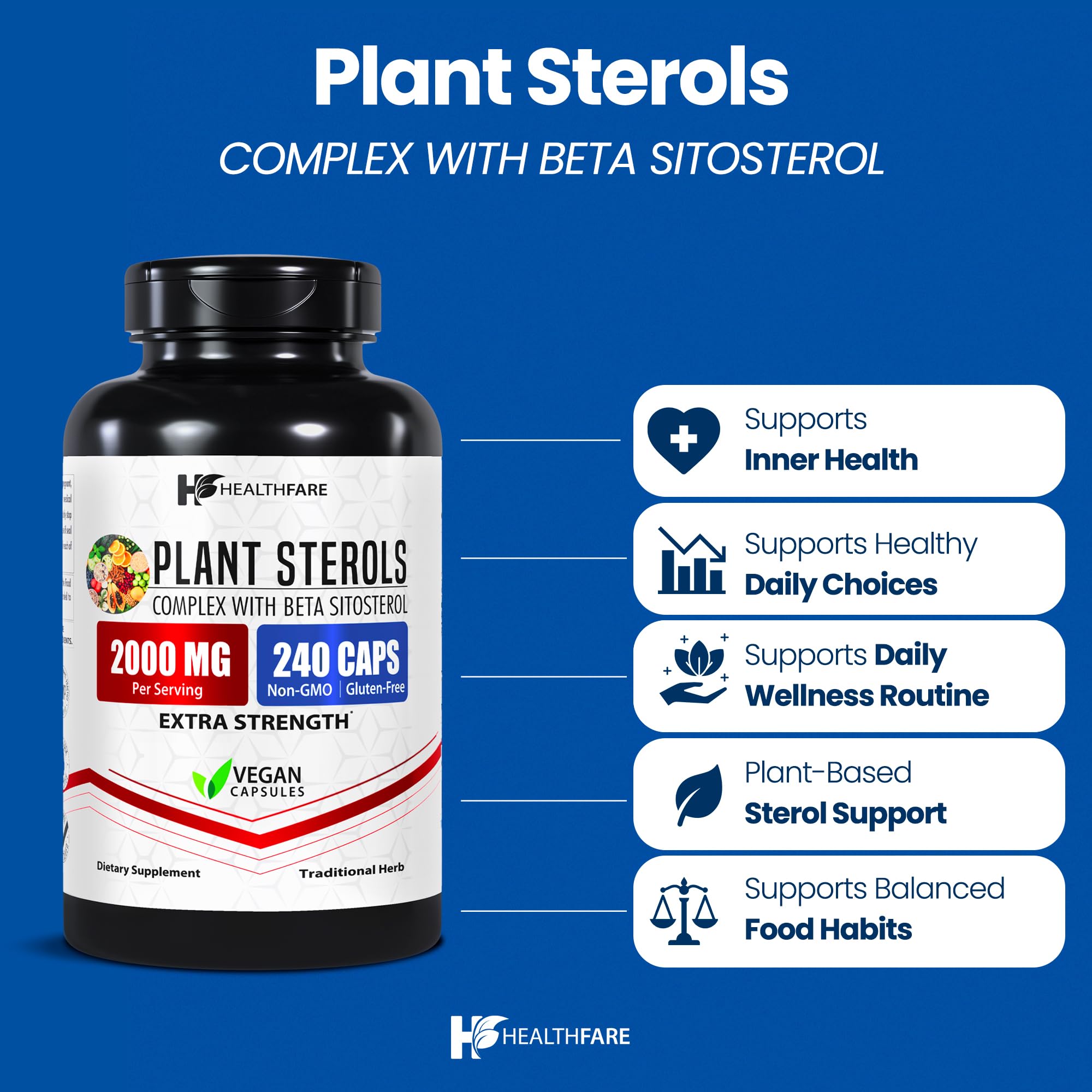 Healthfare Plant Sterols Capsules | 240 Vegan Capsules | Beta Sitosterol & Phytosterol Complex | Plant-Based Supplement | Non-GMO & Gluten-Free | Made in the USA