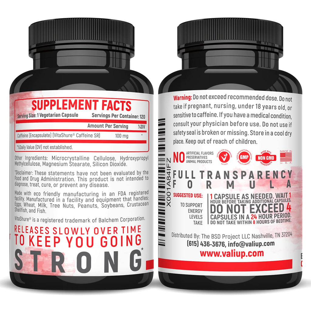 VALI Time Release Caffeine 100mg Capsules- Smart Slow Release for Extended Energy & Focus. Advanced Nootropic Supplement. Brain Booster Active Performance, Alertness & Clarity. 120 Veggie Capsules