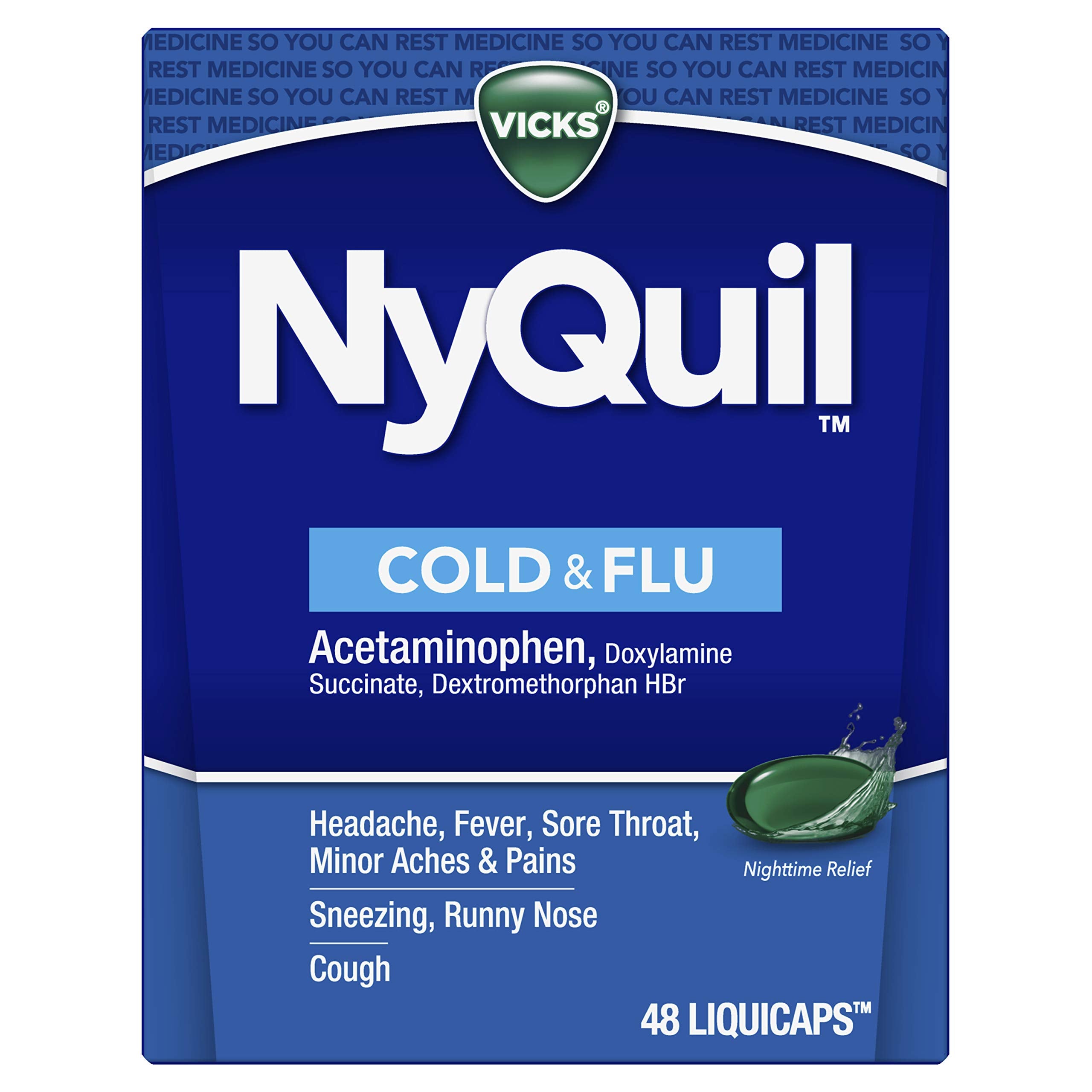 Buy now Vicks NyQuil Cold & Flu Relief Over-the-Counter Medicine, Powerful Multi-Symptom Nighttime Relief for Headache, Fever, Sore Throat, Aches, Sneezing, Runny Nose & Cough, 48 LiquiCaps at indiglob india