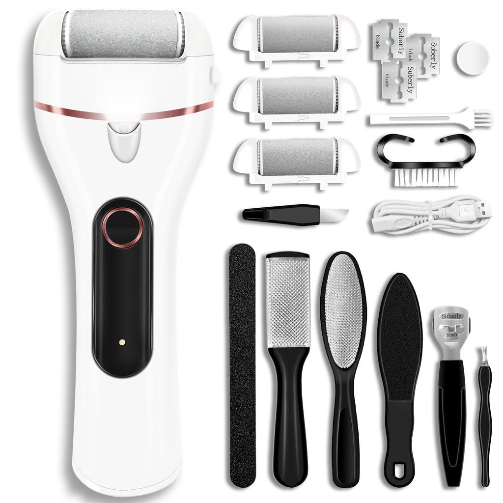 Callus Remover for Feet, Electric Foot Callus Remover Waterproof with 3 Rollers 2 Speed Battery Display,17 in1 Rechargeable Foot File Pedicure Kits for Dead Hard Cracked Dry Skin（White