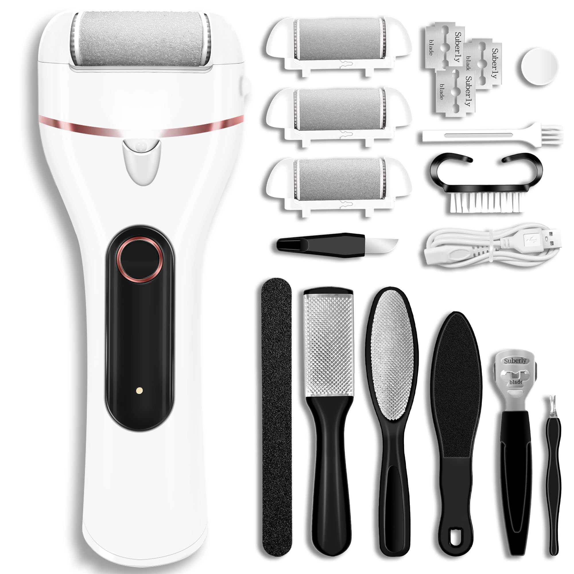 Callus Remover for Feet, Electric Foot Callus Remover Waterproof with 3 Rollers 2 Speed Battery Display,17 in1 Rechargeable Foot File Pedicure Kits for Dead Hard Cracked Dry Skin（White