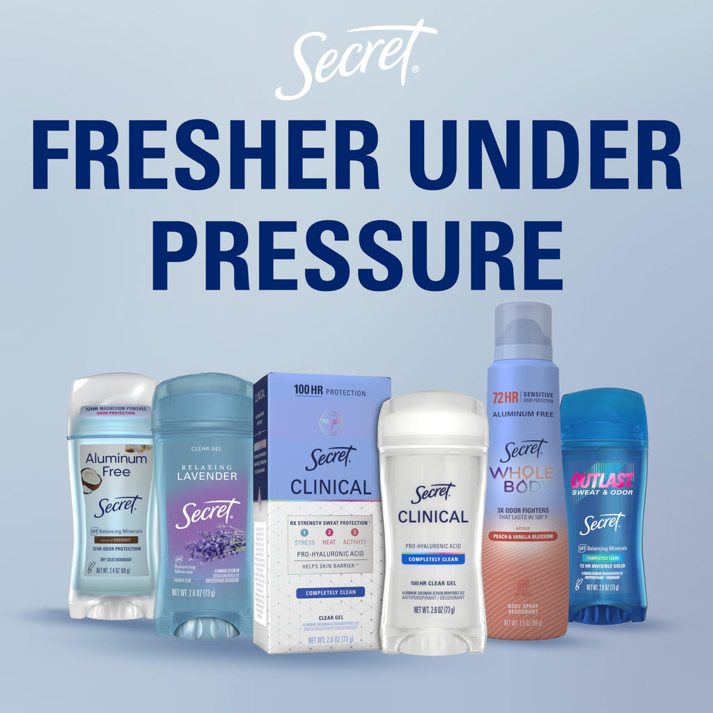 Secret Outlast Antiperspirant Deodorant for Women, 72hr Sweat & Odor Protection, PH Balancing Minerals, Pro-Hyaluronic Acid, Clear Gel, Completely Clean Scent, 2.6 oz (Pack of 2)