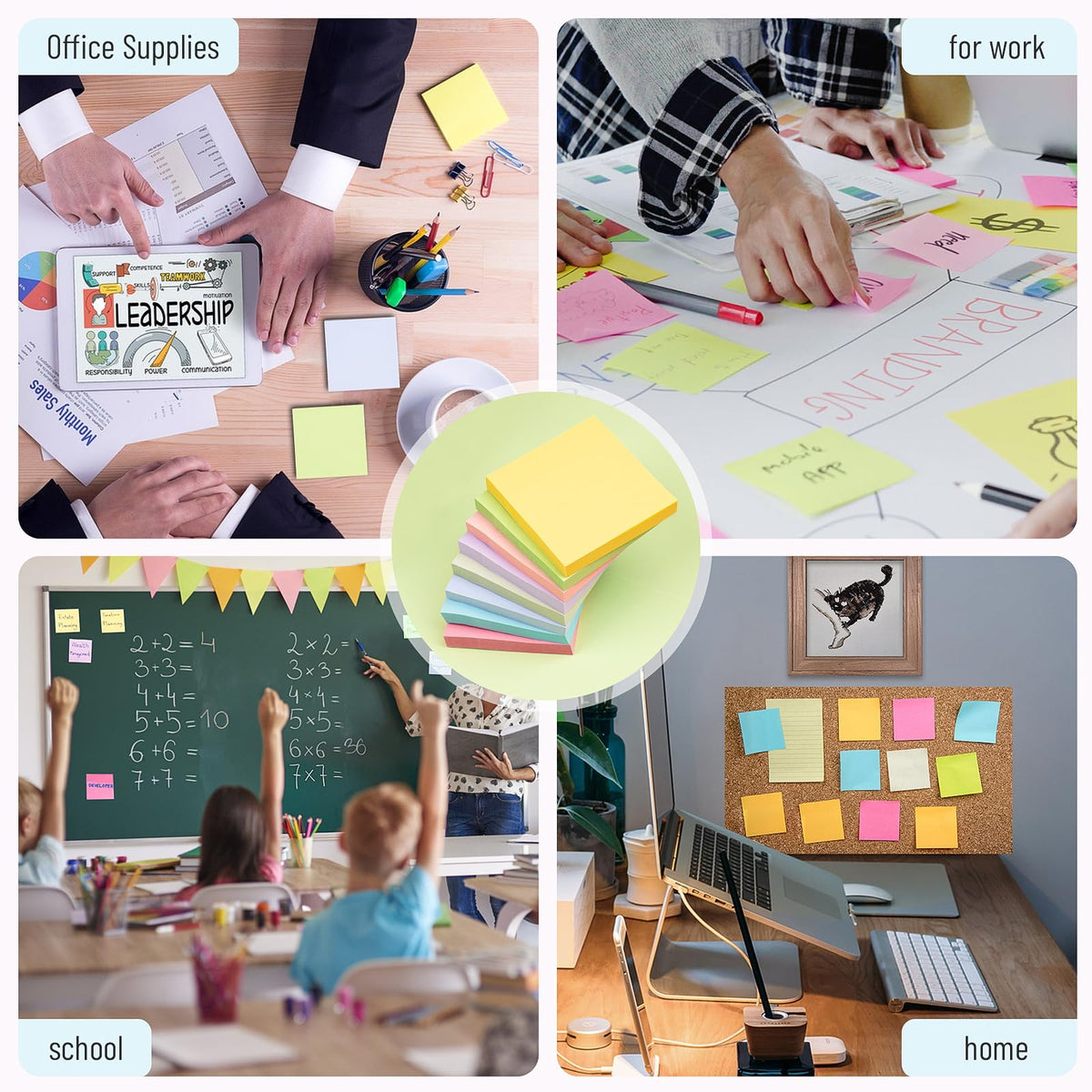 Sticky Notes 3x3 in, 8 Pastel Self-Stick Pads, 800 Sheets for School Office