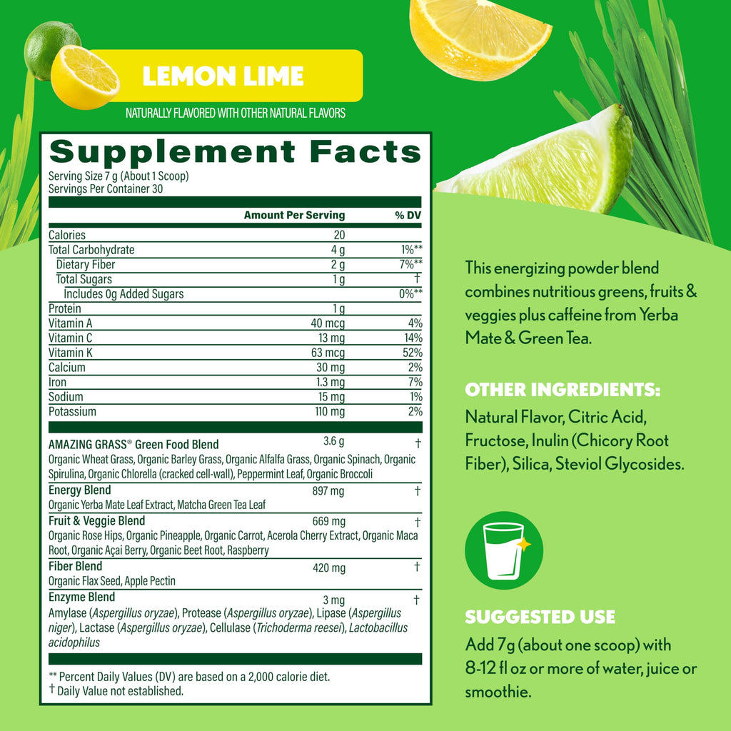 Amazing Grass Super Greens Powder Energy Lemon Lime, 30 Servings | Organic Energy Greens Powder with Plant-Based Caffeine, Yerba Mate & Green Tea Leaf for Sustained Energy & Focus