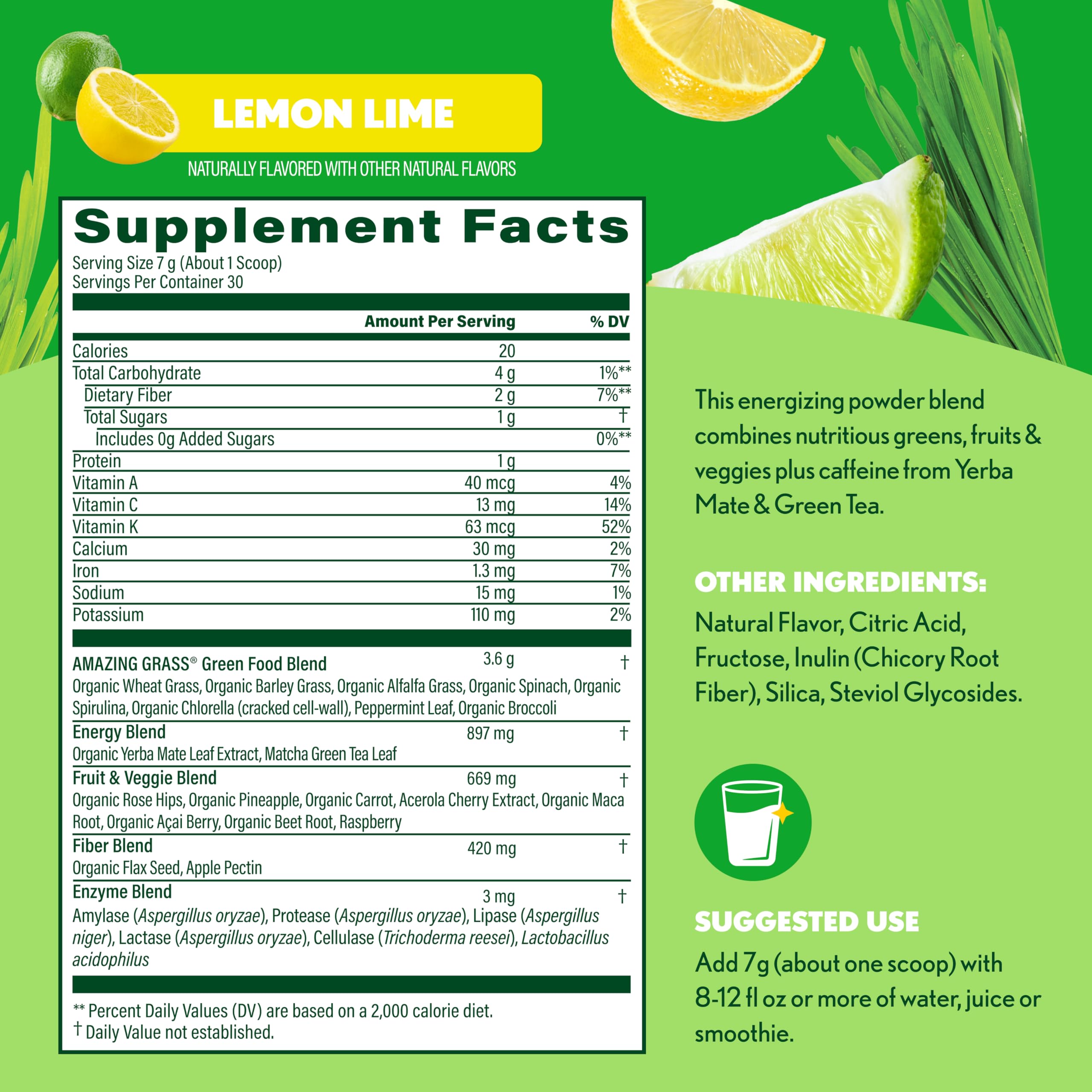 Amazing Grass Super Greens Powder Energy Lemon Lime, 30 Servings | Organic Energy Greens Powder with Plant-Based Caffeine, Yerba Mate & Green Tea Leaf for Sustained Energy & Focus
