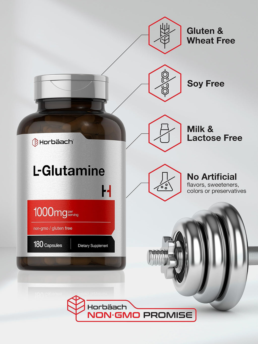 Horbaach L Glutamine Capsules 1000mg | 180 Powder Pills