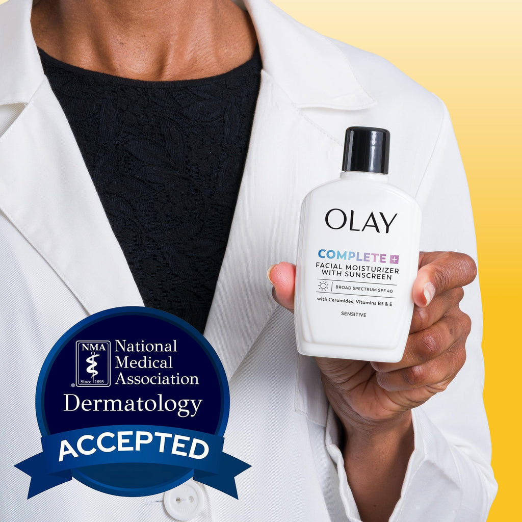 Olay Complete+ Face Moisturizer with Sunscreen SPF 40, For Sensitive Skin, Broad Spectrum Sun Protection, Fragrence-Free - No White Cast on All Tones, Nourishes Moisture Barrier - Ceramides, 6 Oz