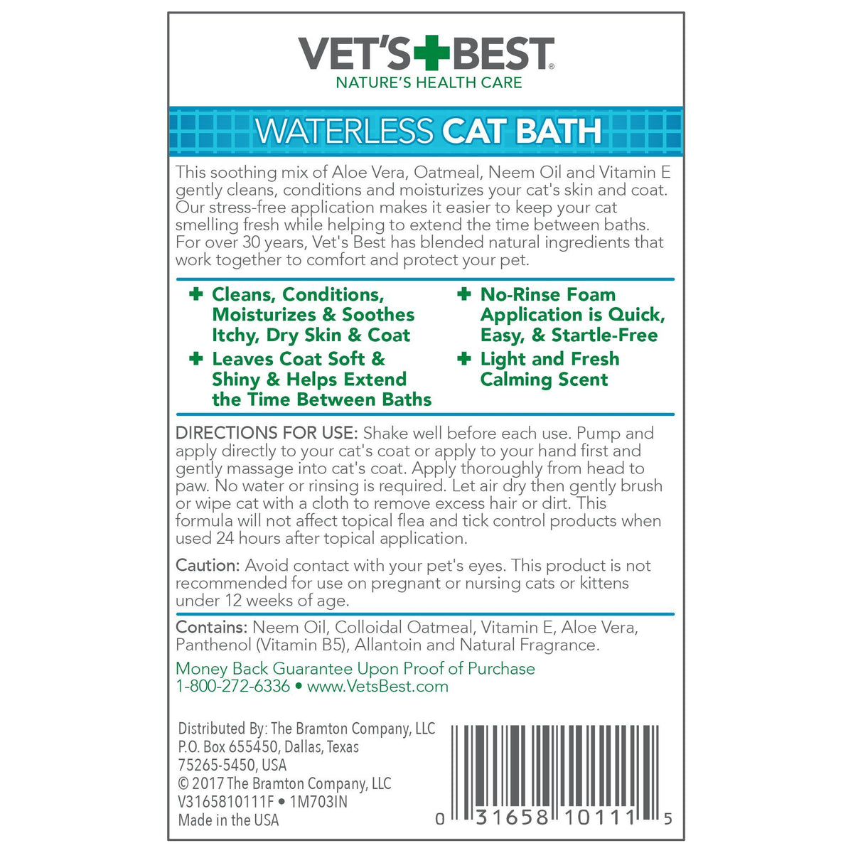 Vet's Best Waterless Cat Bath Dry Shampoo, No-Rinse Formula, 4 oz