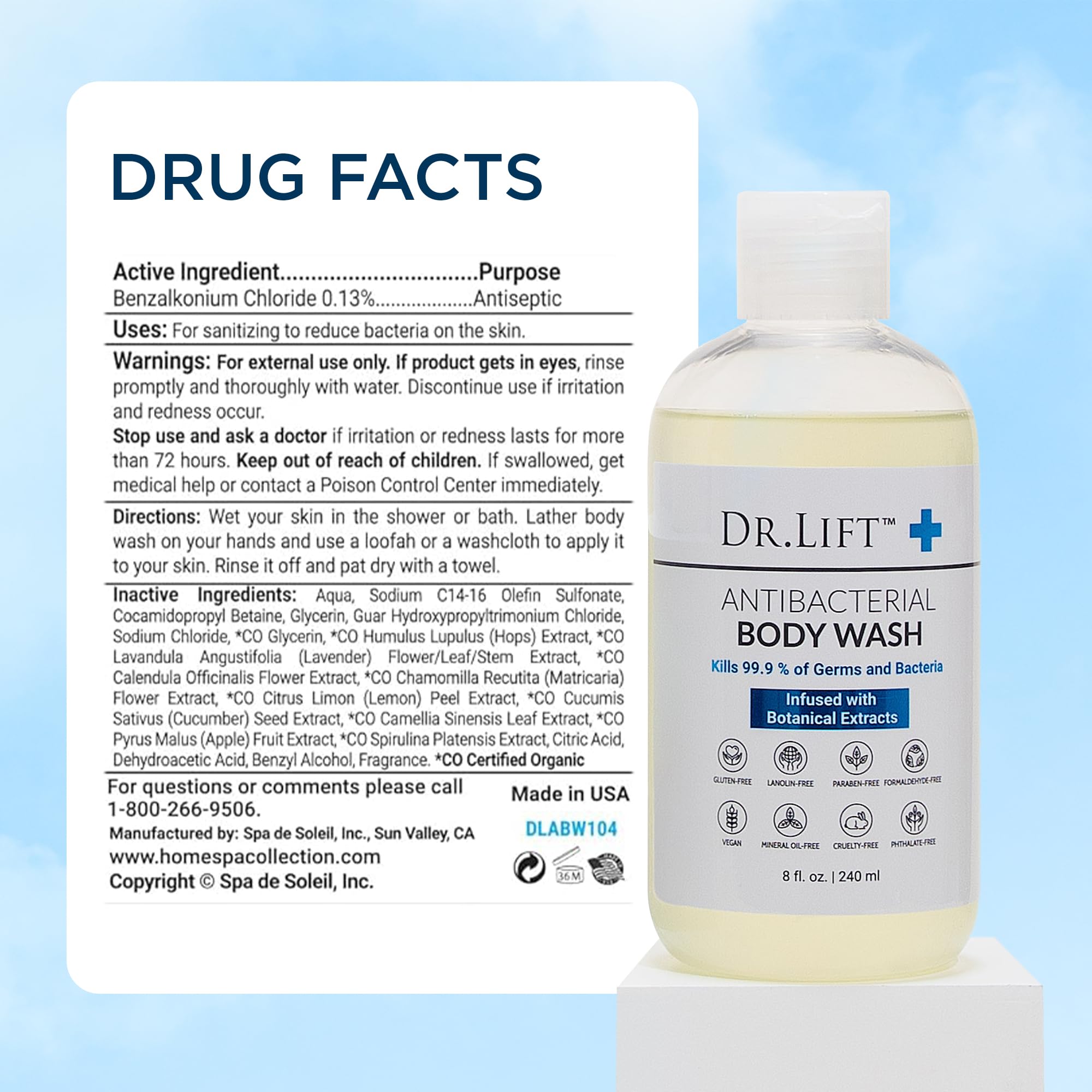 Dr. Lift Antibacterial Body Wash, Lemon, Spirulina, Vegan, 8 Fl Oz | Refreshing Scent, Citric Acid, Hydrating Moisturizing Formula, Paraben & Phthalate Free