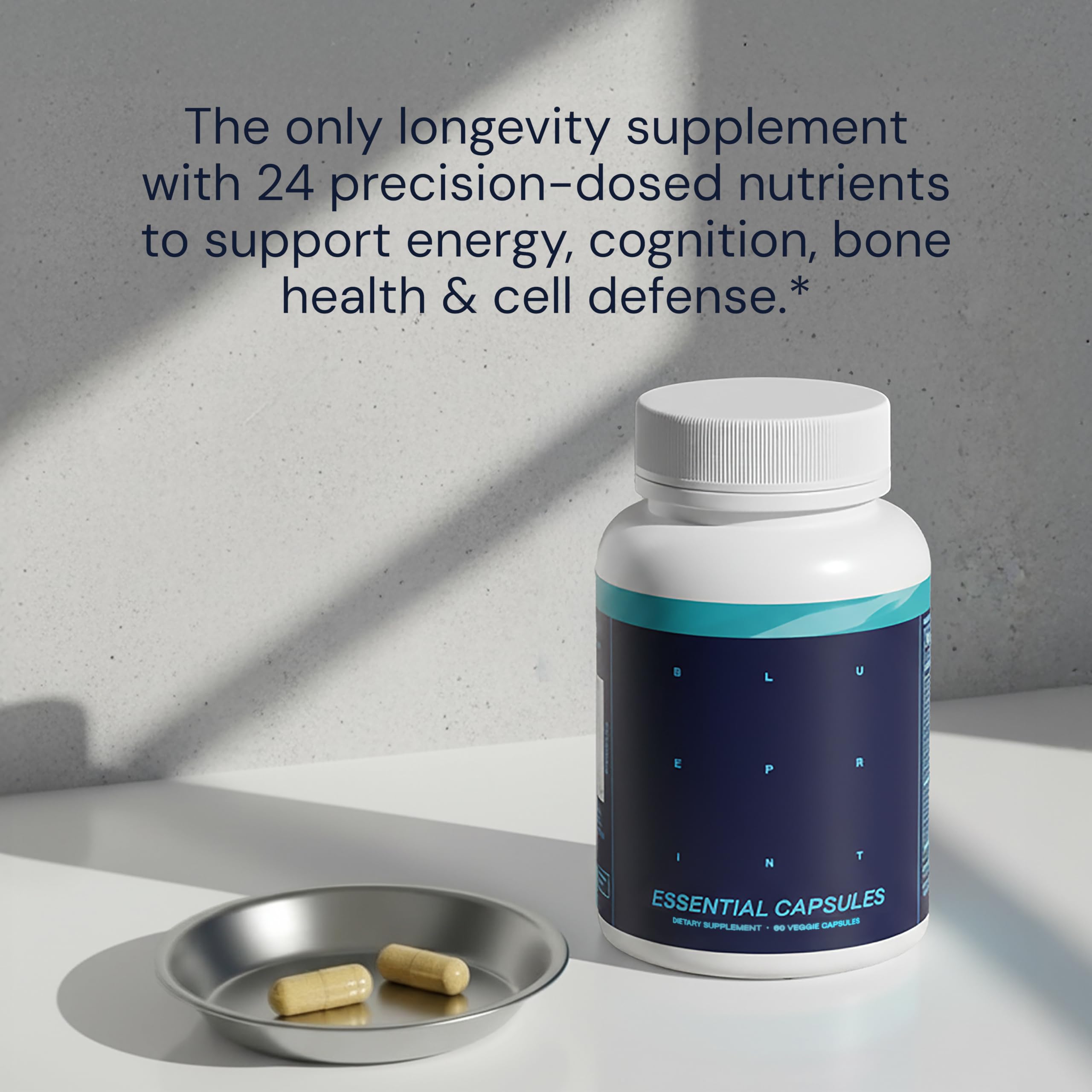 Blueprint Bryan Johnson Essential Capsules - Daily Multivitamin/Multimineral for Women and Men - Antioxidant Supplement with Calcium, Vitamin B1, Vitamin D, and Zinc - Vegan and Non GMO (30 Servings)
