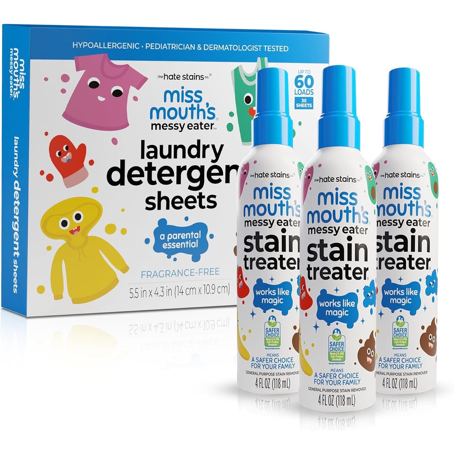 Buy now Miss Mouth's Messy Eater Stain Treater Spray - 4oz Stain Remover - Newborn & Baby Essentials - No Dry Cleaning Food, Grease, Coffee Off Laundry, Underwear, Fabric 3 pack with sheets at indiglob india