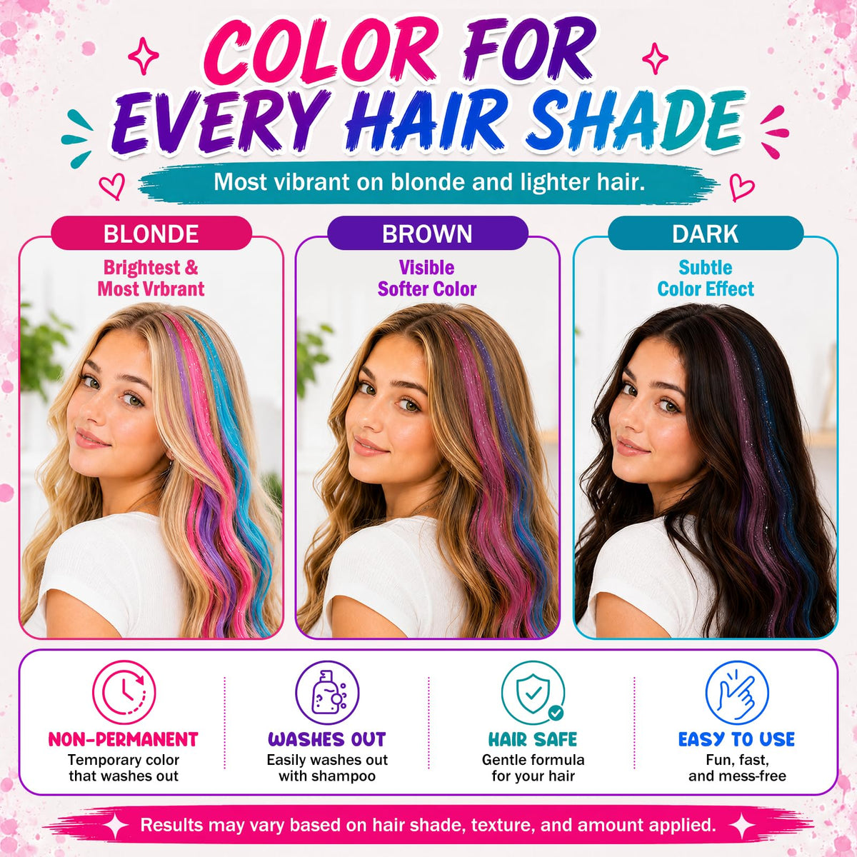 Jim&Gloria Dustless Hair Chalk for Girls Washable with Clip in Hair Extensions, Brushes and Glitters, Temporary Color Dye, Gifts for Teen Girl Trendy Stuff, Teenage 7 8 9 10 11 12 13 14 Year Old