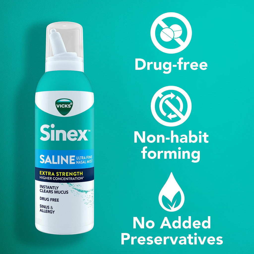 Buy now VICKS Sinex Saline Extra Strength Nasal Spray, 3X Concentrated* Drug Free Ultra Fine Mist, Instantly Clears Mucus, Ultra Concentrated to Clear Congestion Fast, Safe For Daily Use, 5 OZ x 2 at indiglob india