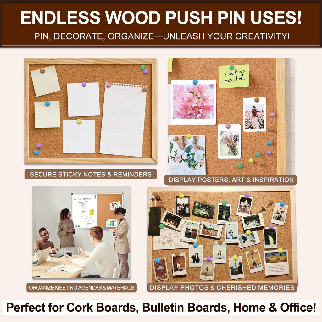 Colorful Wood Push Pins, Decorative Wooden Thumb Tacks for Cork Board and Bulletin Board, Map Pins for Wall, 60 Pieces