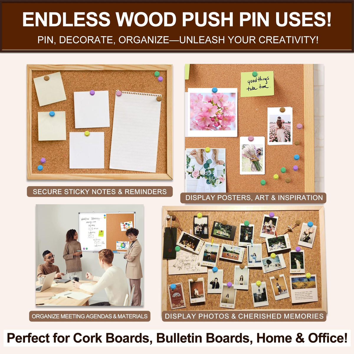 Colorful Wood Push Pins, Decorative Wooden Thumb Tacks for Cork Board and Bulletin Board, Map Pins for Wall, 60 Pieces