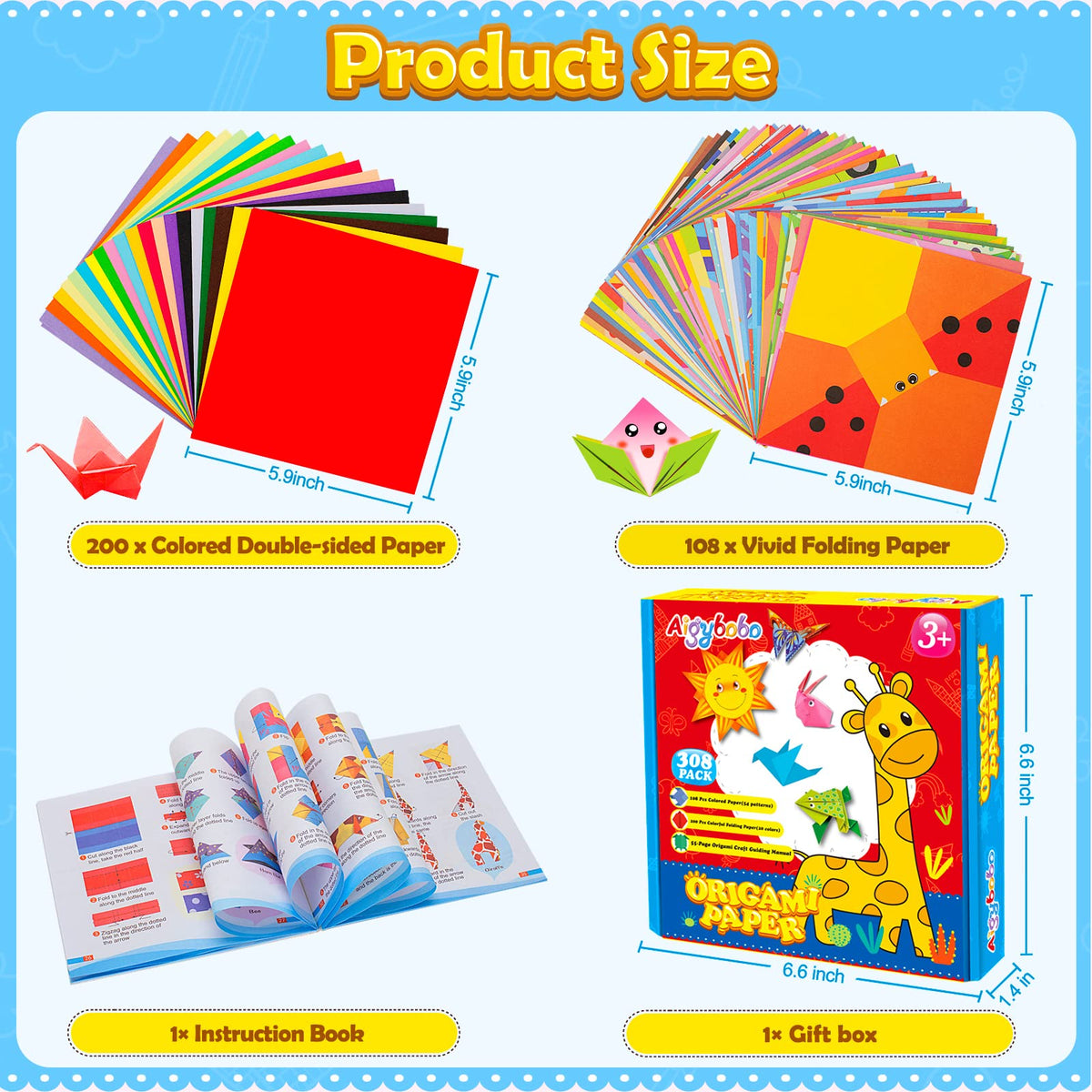 308 Sheets Origami Paper Kit for Kids Ages 5-8 8-12 with Instructional Book