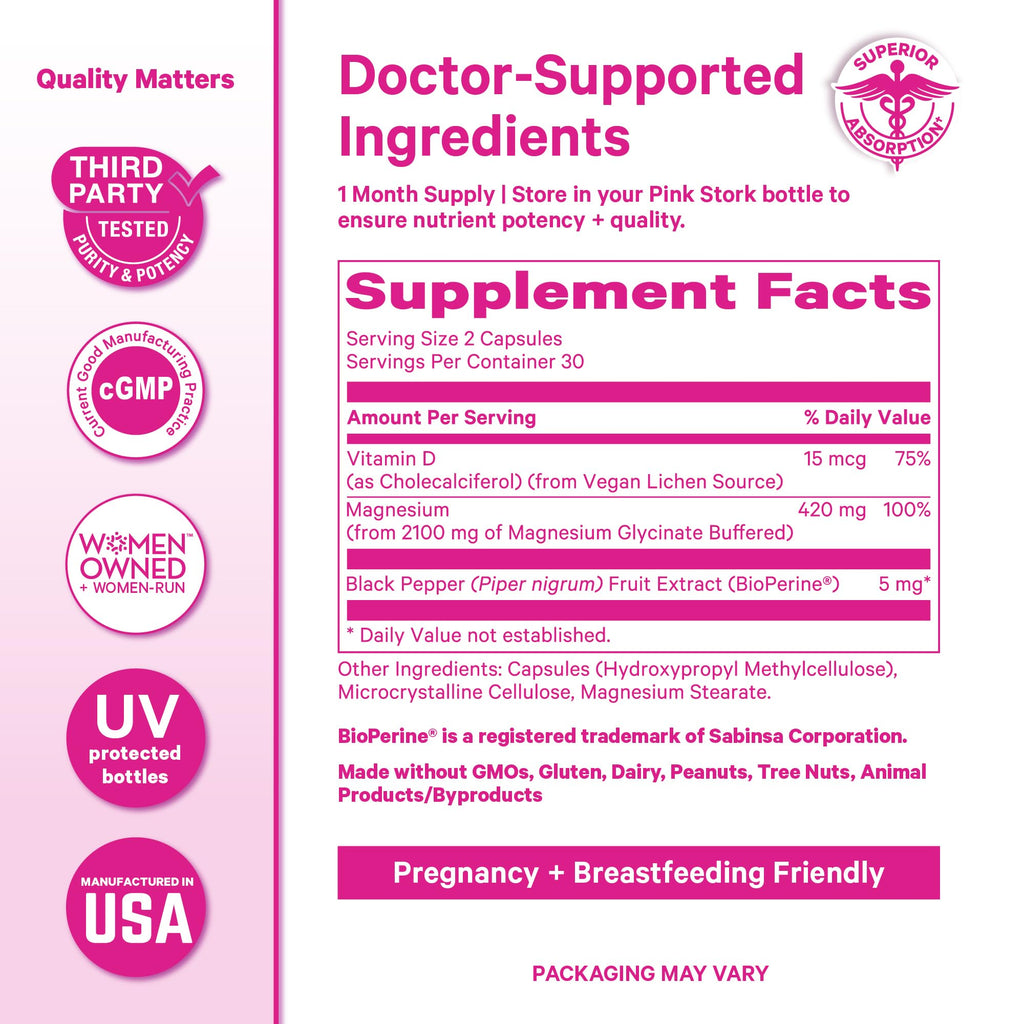 Pink Stork Magnesium Glycinate 420mg, Berry Essence, 60 Capsules | With Vitamin D, Supports Natural Calm, Mood, and Sleep, Hormone Balance for Women, 1 Month Supply