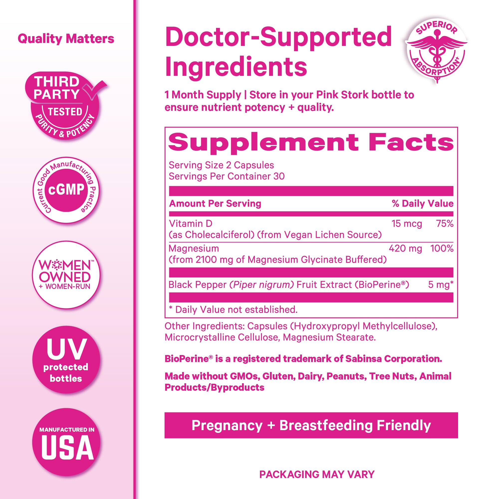 Pink Stork Magnesium Glycinate 420mg, Berry Essence, 60 Capsules | With Vitamin D, Supports Natural Calm, Mood, and Sleep, Hormone Balance for Women, 1 Month Supply
