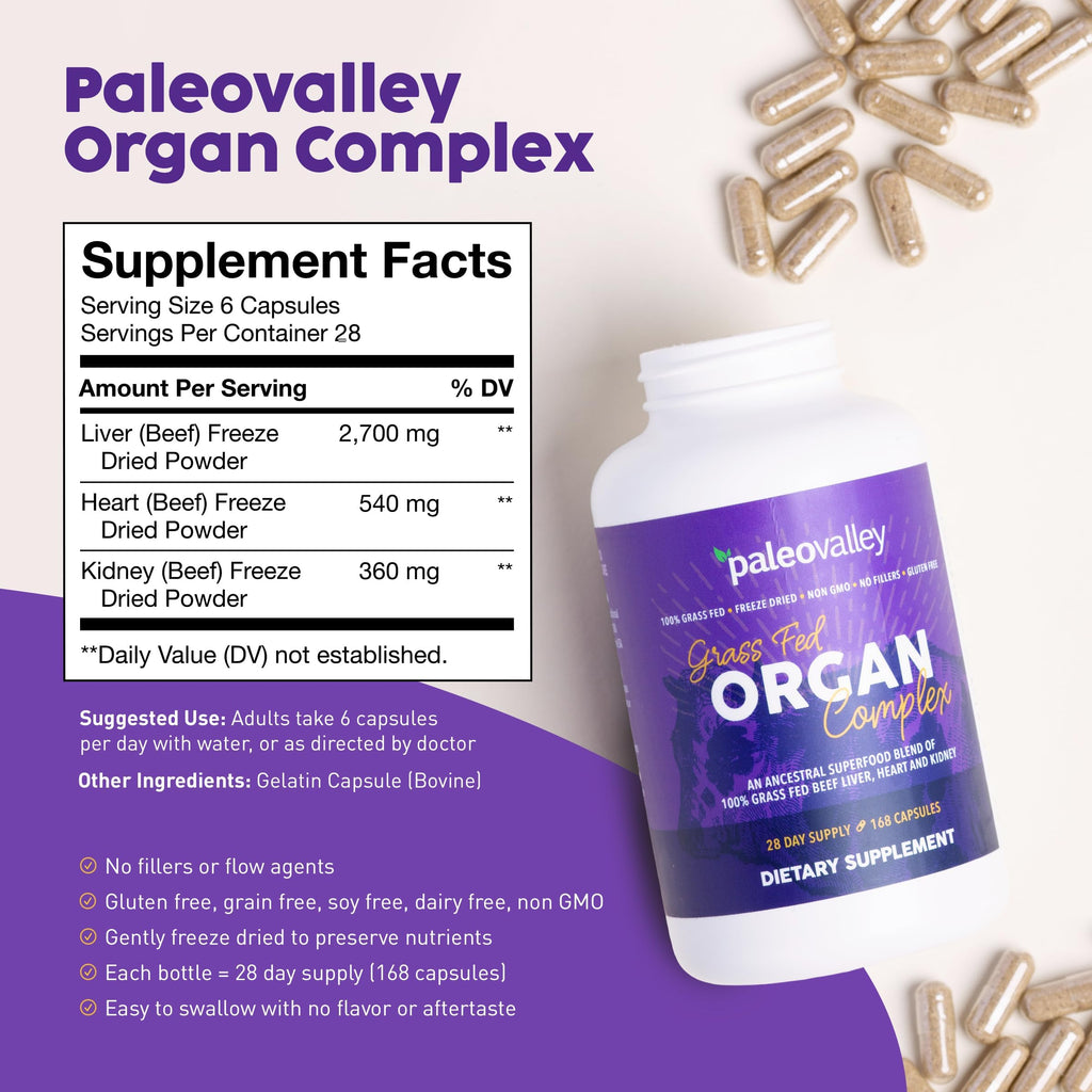 Paleovalley 100% Grass Fed Organ Complex, Beef Liver, Heart and Kidney | Whole Food Multivitamin, Vitamin B12 Supplement, Nutrient Dense Superfood, Freeze Dried, Pasture Raised, Ancestral Nutrition