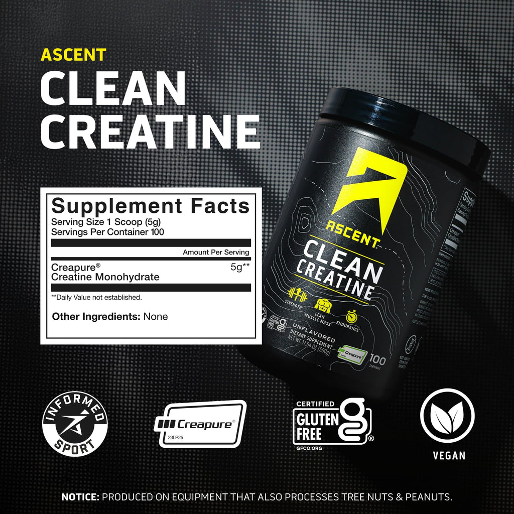 Ascent Clean Creatine Monohydrate, Creapure, Unflavored, 100 Servings