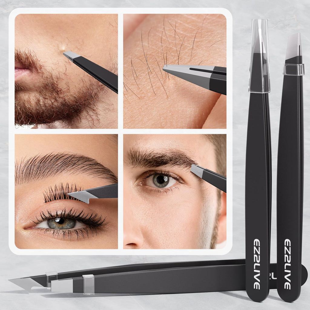Tweezers for Women Facial Hair, Slant & Pointed Tweezers for Eyebrows, Ingrown Hair, Splinter Removal, Precision 4 Pack Tweezer Set, Stainless Steel Eyebrow Tweezers for Men and Women, Black
