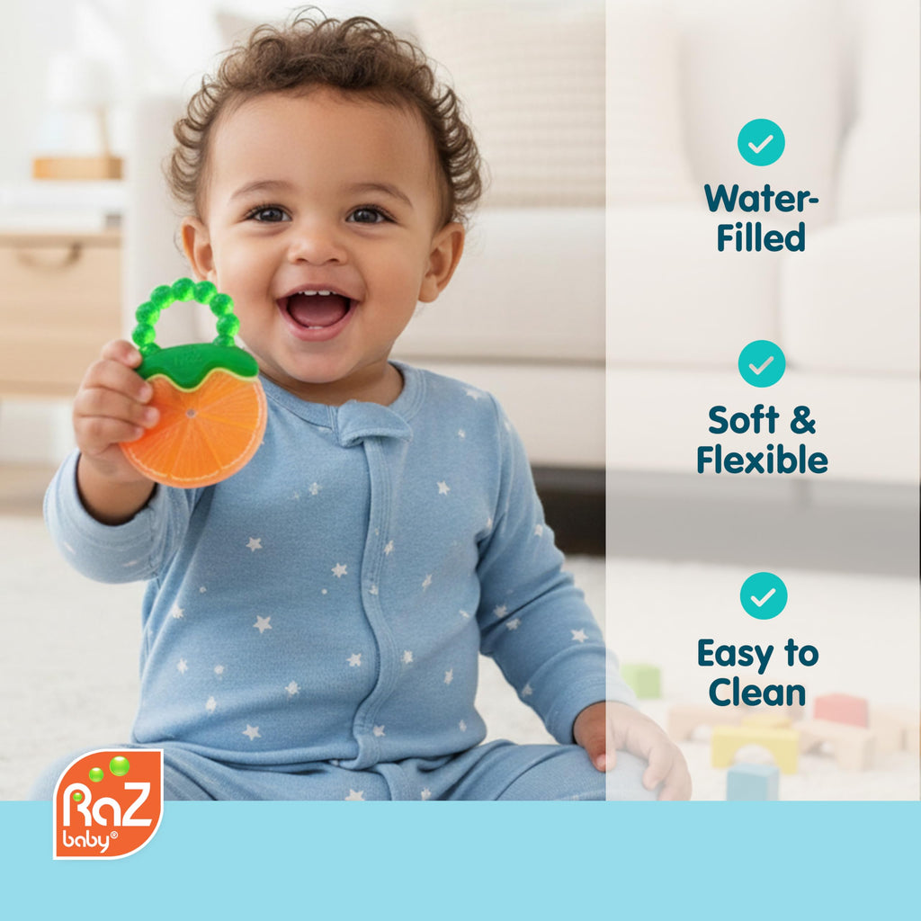 RaZbaby Fruit Koolers 3-Pack Koolers Water-Filled Teethers – Fun Fruit-Inspired Cooling Relief for 3M+ | Safe, BPA-Free Teether that Soothes Tender Gums