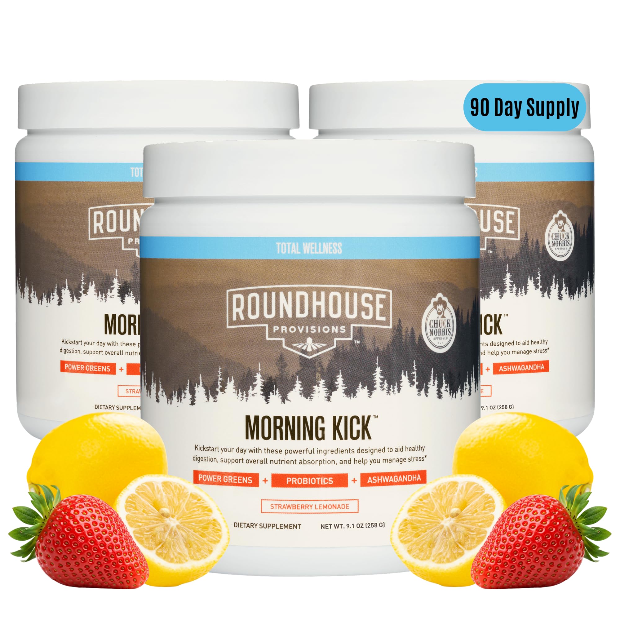 ROUNDHOUSE PROVISION Morning Kick Greens Powder, Watermelon Mint, 3 Pack | Greens Superfood Powder for Gut Health, Sugar Free, Caffeine Free, Ashwagandha, Collagen Peptides, Probiotics, Chuck Norris