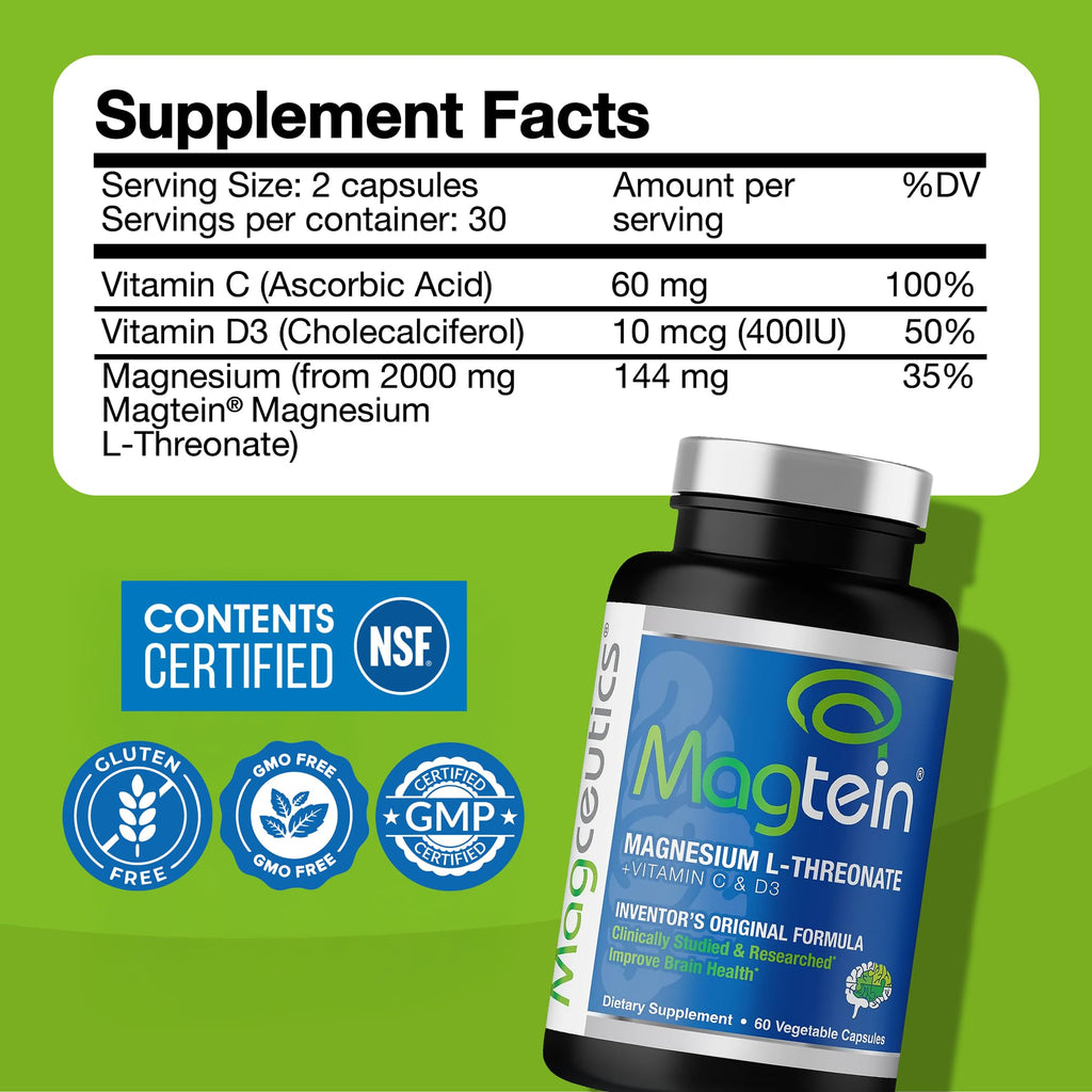 Magtein - Magnesium L-Threonate Supplement, Memory, Focus, Sleep & Brain Health Formula for Men & Women, Cognitive Support for Adults, Clinically Researched - 60 Veg Capsules