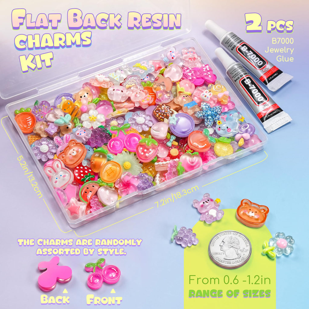 100PCS Flatback Resin Charms Kit with 2PCS Glue Cute Fruit Flower Assorted