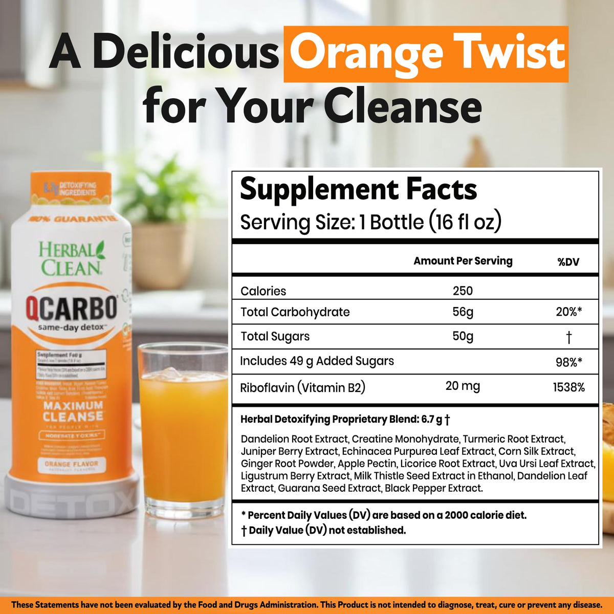 Herbal Clean Qcarbo16 Same-Day Detox Cleanse Drink (16 fl oz) - Orange Flavor Full Body Cleanse* Detox Drink for Moderate Toxin Level*, Vitamin B2 and Vitamin B12 for Men & Women