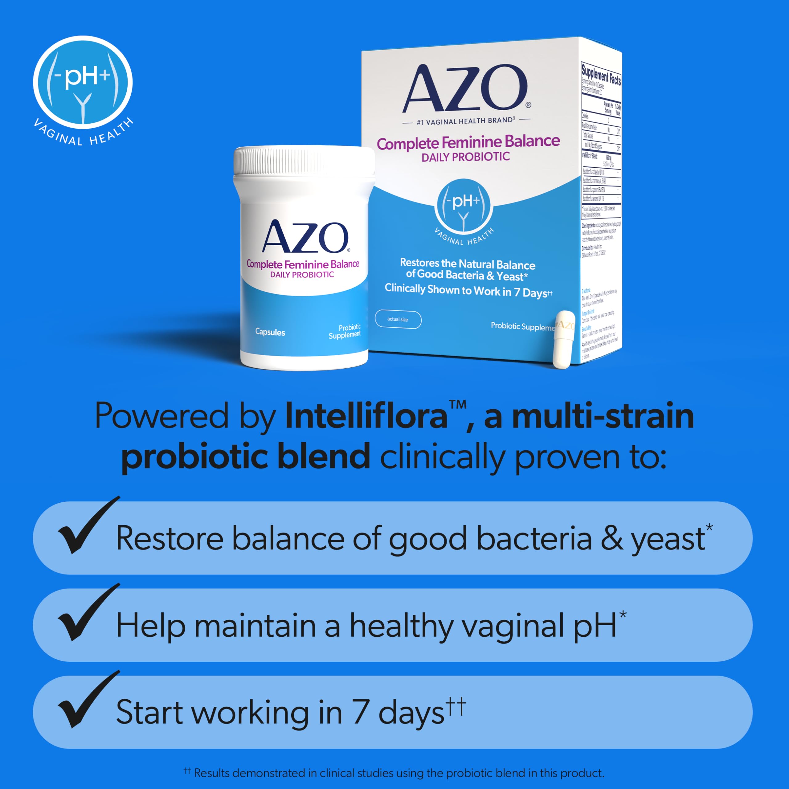AZO Complete Feminine Balance Daily Vaginal Probiotics for Women, 30 Count | Intelliflora Multi-Strain Blend, Supports Vaginal pH and Yeast Balance*, One Capsule Daily, Sugar Free, Safe During Pregnancy