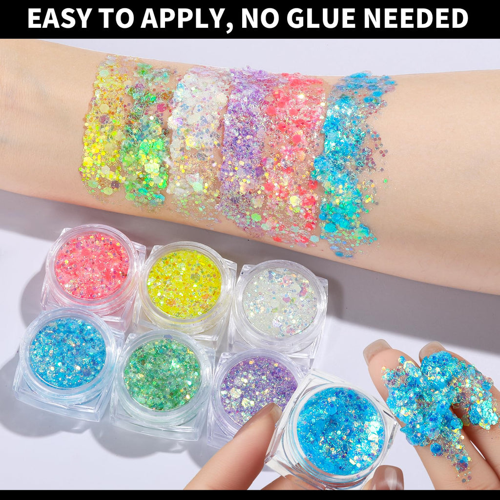 Teenitor 6 Colors Glow in The Dark Glitter Gel, Face Glitter Gel, Body Glitter Hair Glitter for Carnival Makeup UV Black Light Party Cheer Raves Festivals