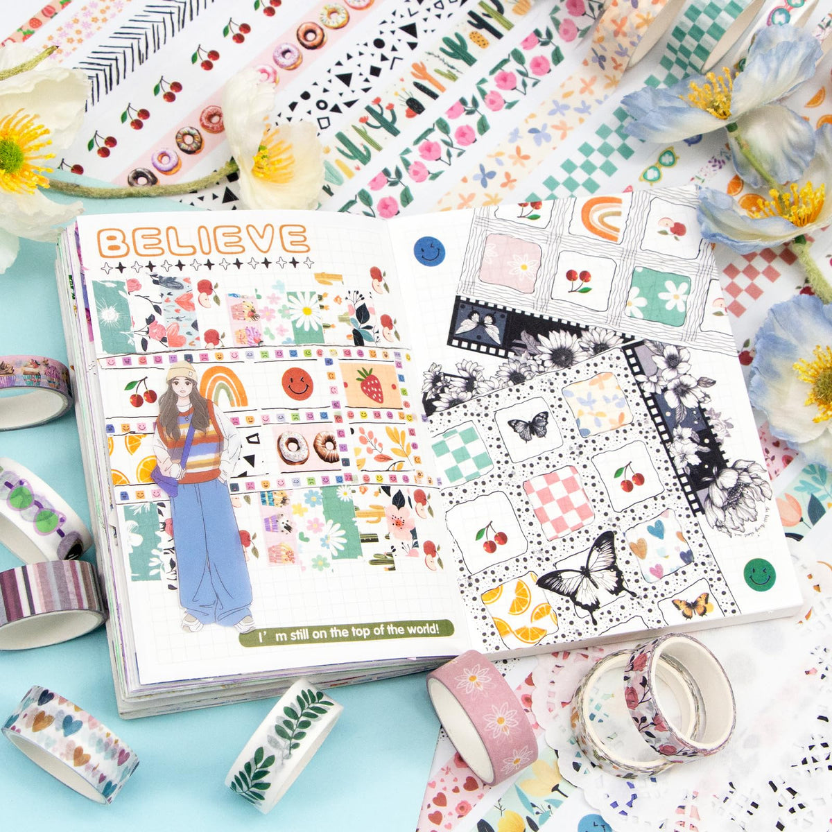 MOOKER 55 Rolls Holiday Washi Tape Set - Decorative Tape Seasonal Bohemian Colored Tape, Cute Washi Tapes for Journaling Supplies, Scrapbooking Supplies kit, Summer Scrapbook Supplies