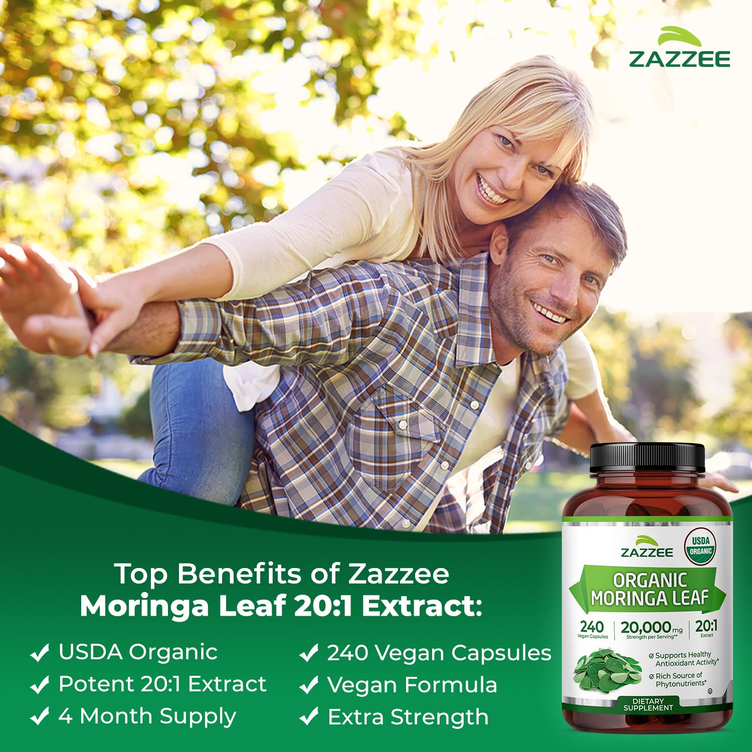 Zazzee USDA Organic Moringa Leaf 20:1 Extract, 240 Vegan Capsules | 4 Month Supply, Certified Kosher, Moringa Oleifera, Antioxidant, Immune & Cellular Support, Superfood Supplement, Made in USA