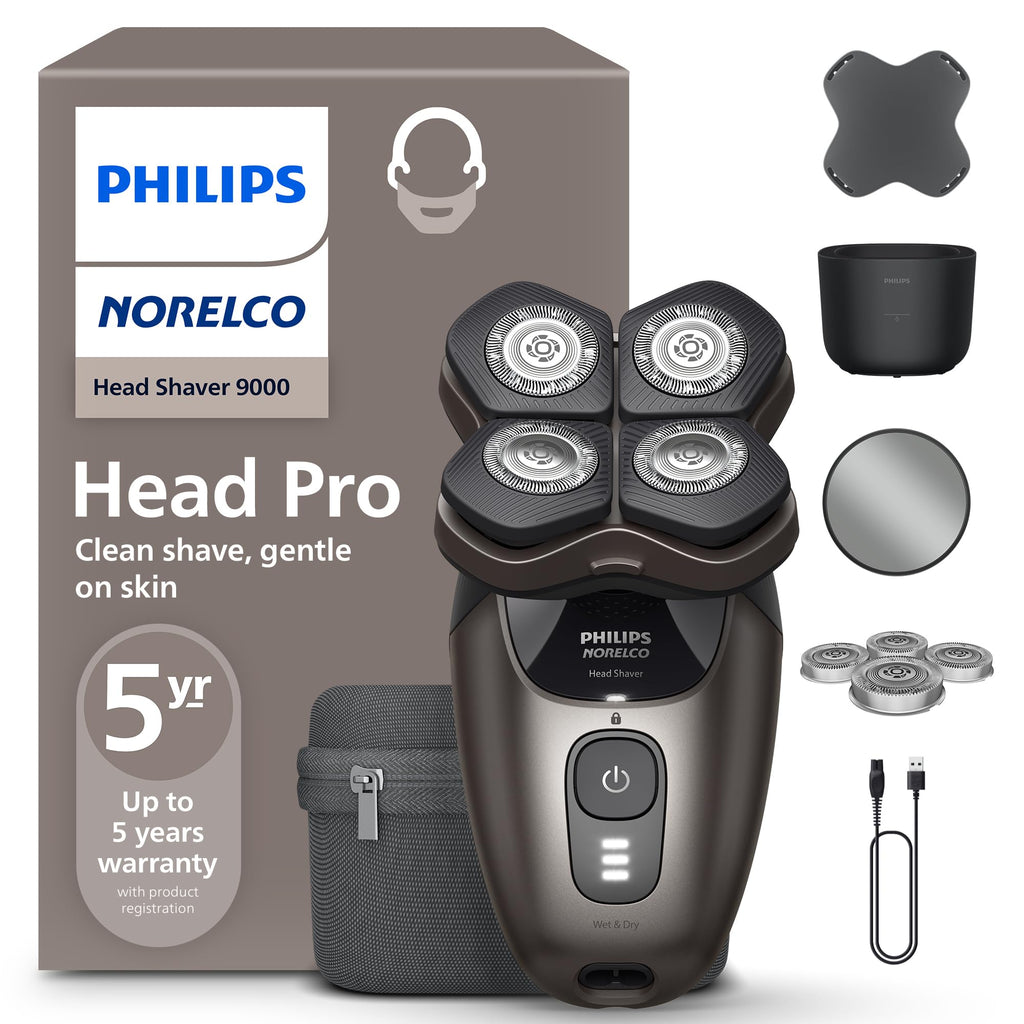 Philips Norelco Head Shaver Pro 9000 Electric Shaver, Clean & Gentle Shave | Electric Shaver for Men and Women, 360° Flexing Head, ComfortCut Blades, PowerAdapt Sensor, 90-Min Runtime, HS9980/40