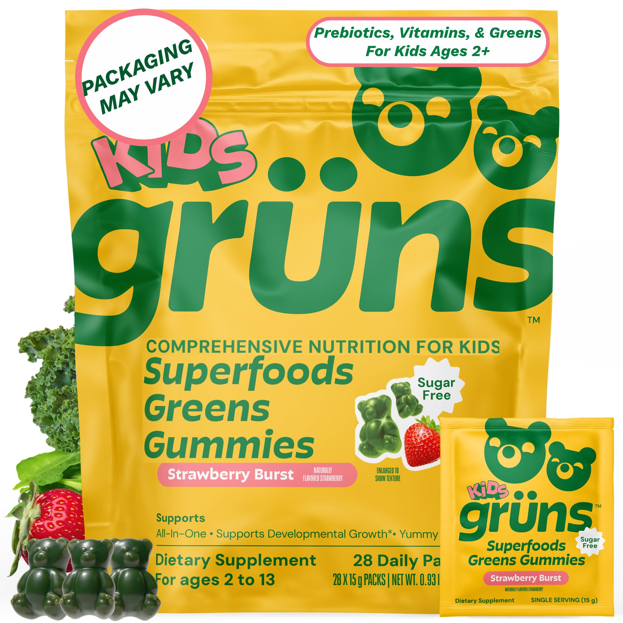 Gruns Kids Multivitamin Kids Greens Gummies, 28 ct | Daily Supplement with Vitamins, Minerals, Adaptogens, and Prebiotic Fiber