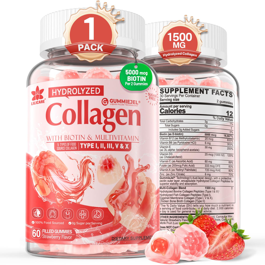 2Pack Sugar-Free Hydrolyzed Collagen Peptide Filled Gummies for Women & Men, with 1500mg Protein Type I,II,III,V,X, 5000mcg Biotin Vitamin C A E D3 B6 B12 for Immune Digestion Skin Hair Nails, Bone