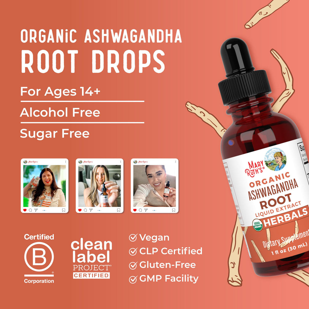MARYRUTH'S Ashwagandha Root Liquid Drops, Mood & Stress Support Supplement | Mood & Stress Support Supplement, Calm & Relaxation, 590mg Ashwagandha, Adaptogen & Nervine, Vegan