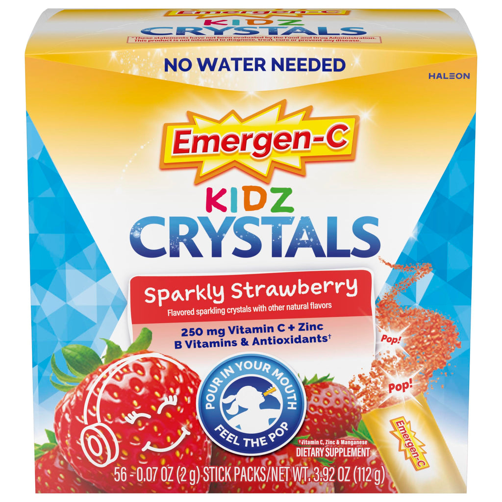 Emergen-C Kidz Vitamin C 250mg Crystals, Strawberry, 56 Packets | No Water Needed, B Vitamins for Energy, Zinc and Manganese, Easy Pouch Format, Kids Crystals