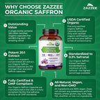 Zazzee USDA Organic Saffron 20:1 Extract, 88.5 mg, 0.3% Safranal, Vegan