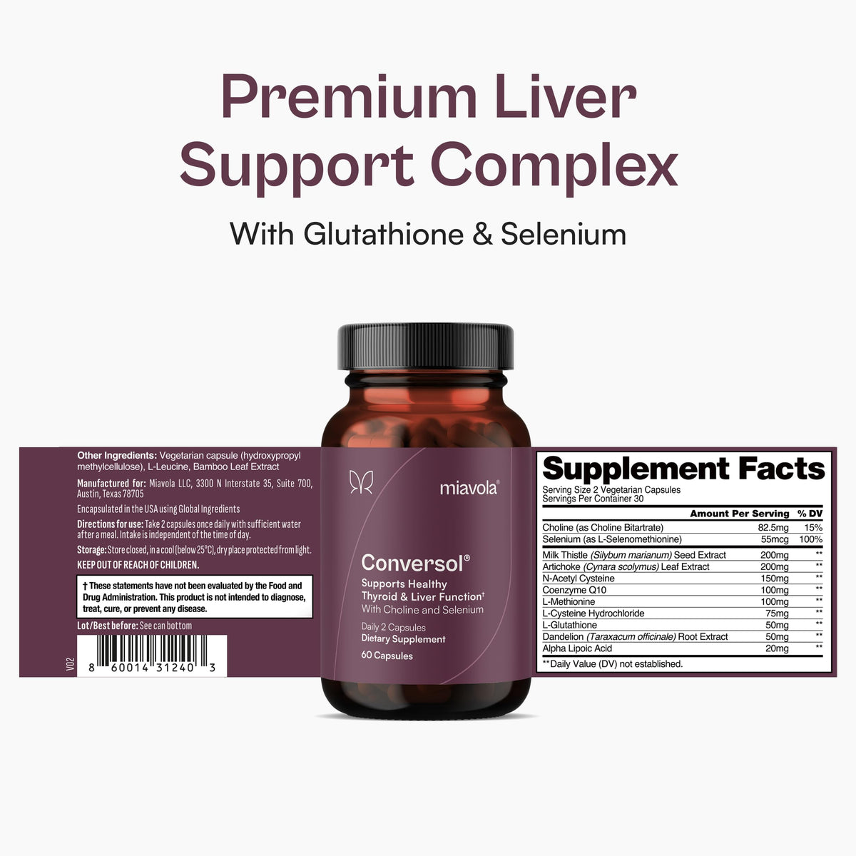 Conversol Thyroid Support Supplement with Milk Thistle, Artichoke, Choline, Glutathione, Selenium & NAC - Thyroid & Liver Support Nutrients - 60 Vegan Capsules