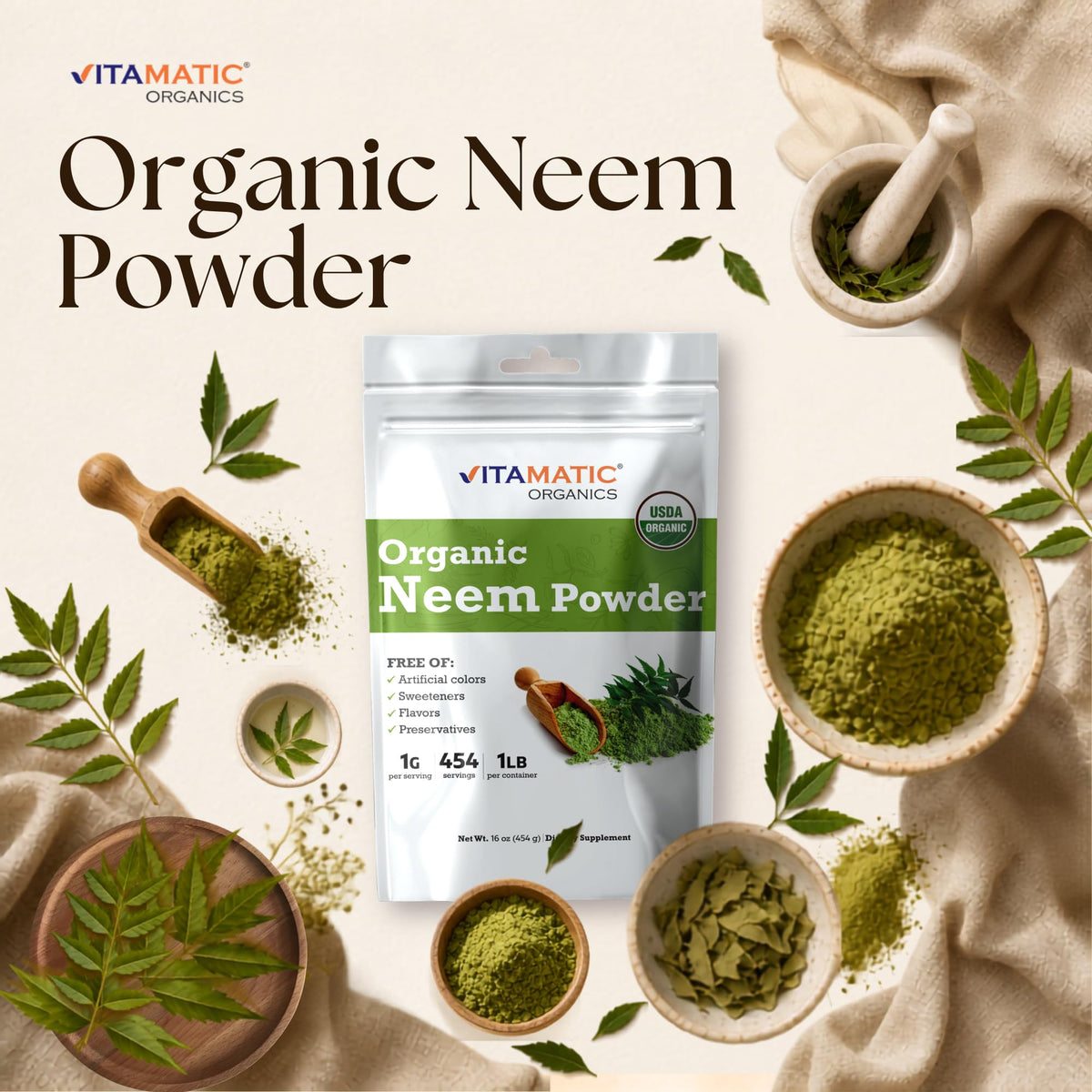 Vitamatic Certified USDA Organic Neem Leaf Powder – 1 lb (16 oz) 100% Pure Azadirachta Indica | Traditional Ayurvedic Herb for Skin, Immune, and Detox Support
