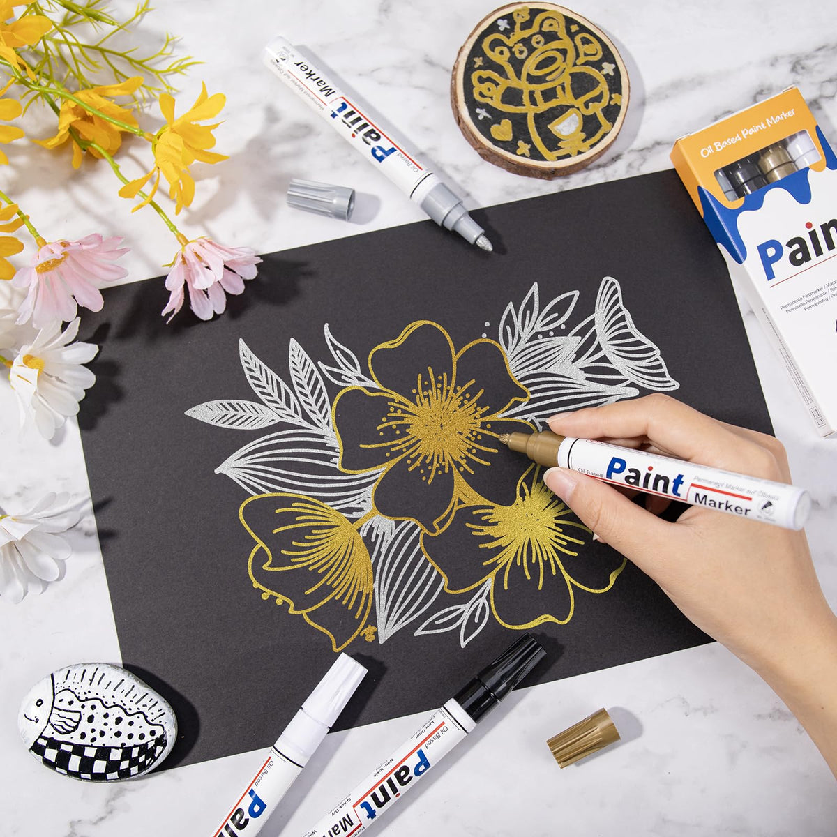 Paint Markers 4 Colors Oil Based Paint Pens – Gold, Silver, Black & White Permanent Paint Marker Set for Metal, Wood, Glass, Rock, Fabric – Waterproof Quick Dry, Easter Egg Decorating & DIY Crafts