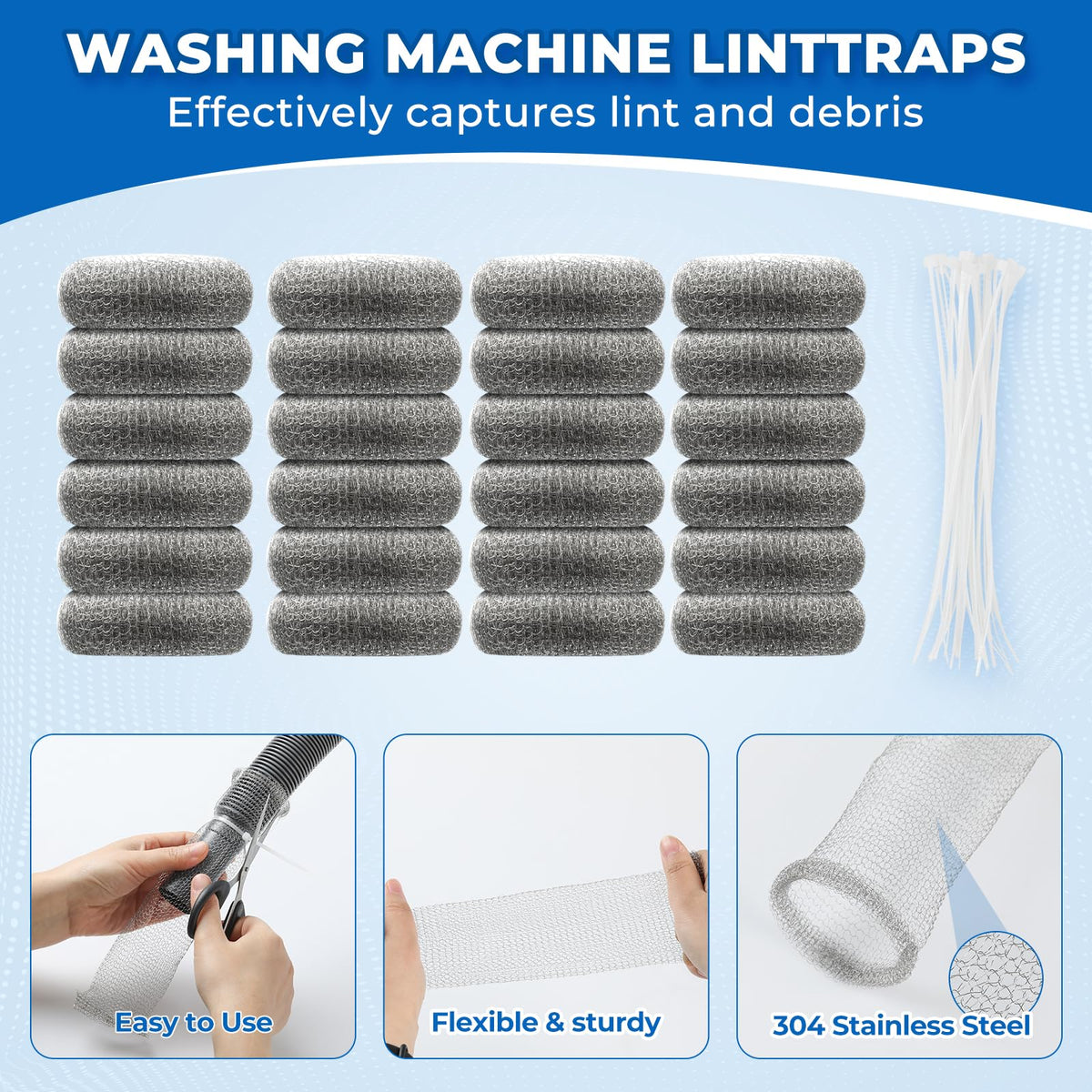 24 Pcs Stainless Lint Trap for Washing Machine Hose Drain Filter with Ties