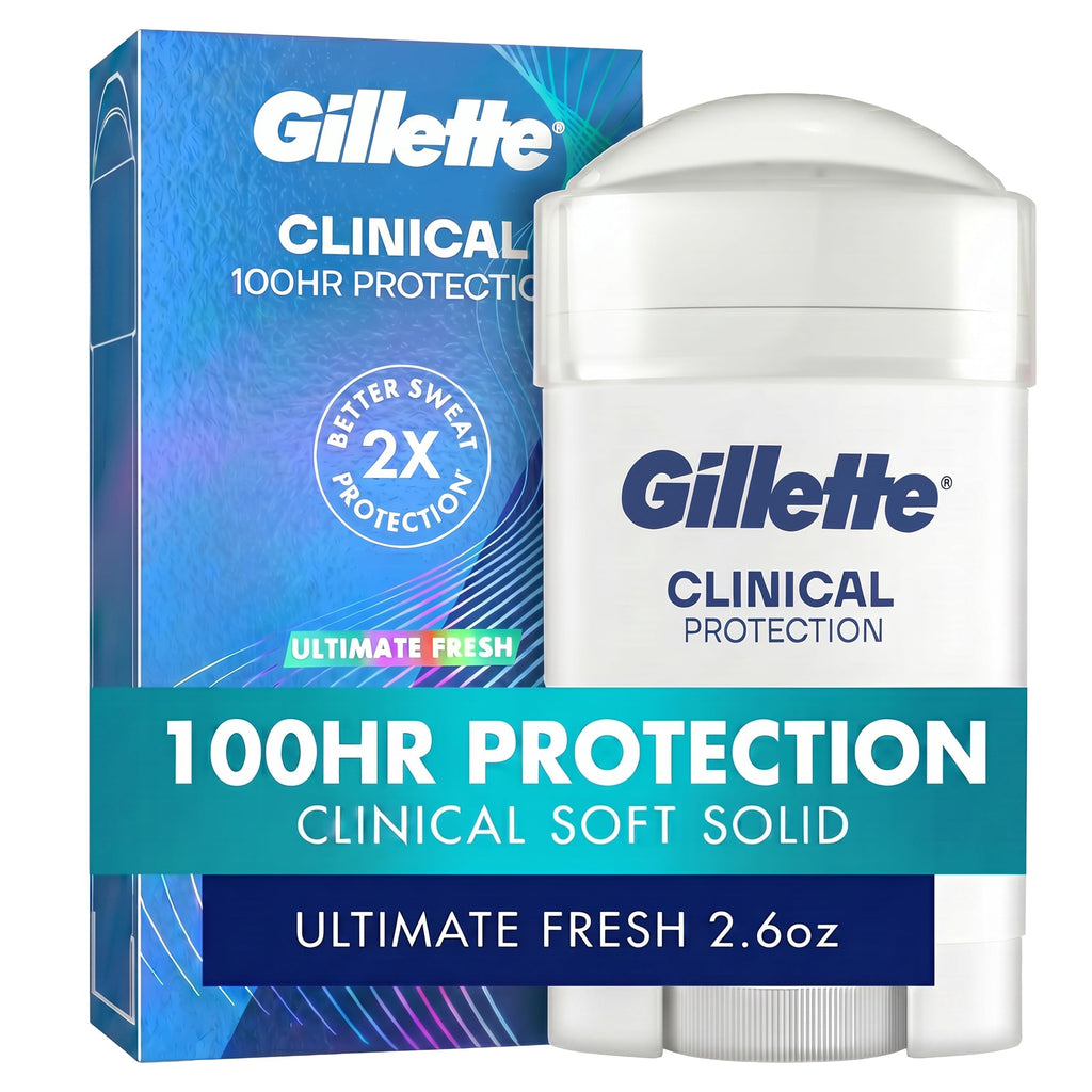 Gillette Clinical Antiperspirant and Deodorant for Men, 100HR Sweat & Odor Protection, Long Lasting Freshness, Anti-White Mark Technology, Gentle on Skin, Soft Solid, Ultimate Fresh Scent, 2.6 oz
